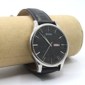 BUREI Day/Date 42mm Men's Watch Silver Stainless Black Croco Leather S-13001M